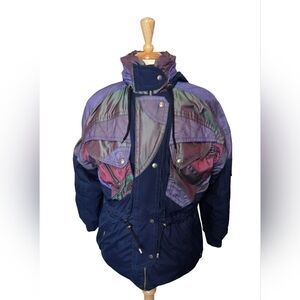 Vtg 80s 90s EVF Professional Ski Jacket Colorblock Purple Teal Navy Retro Size 8